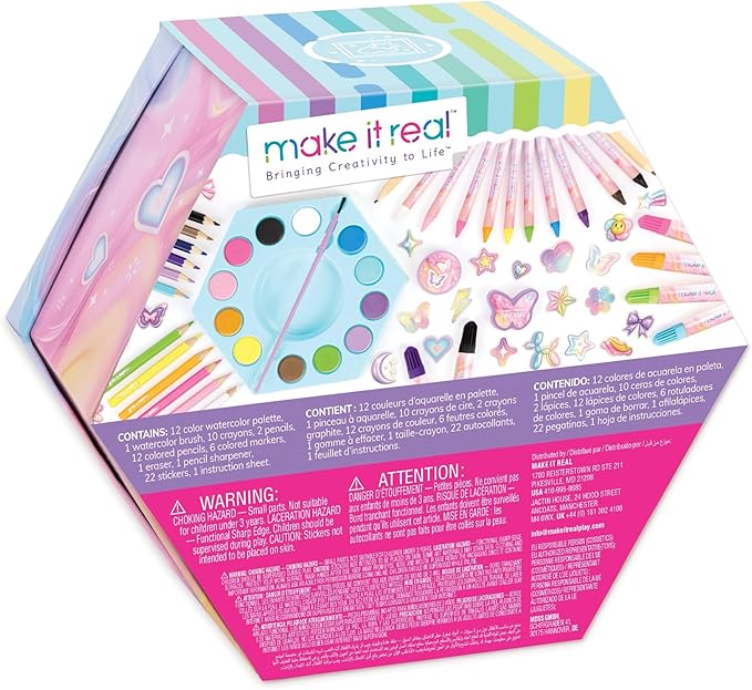 Make It Real: Creative Heart Art Set - 68pc Supplies Kit, Hexagon Stacked Trays Studio, Watercolors-Color Pencils-Markers-Stickers, Tween-Girl-Kids 6+