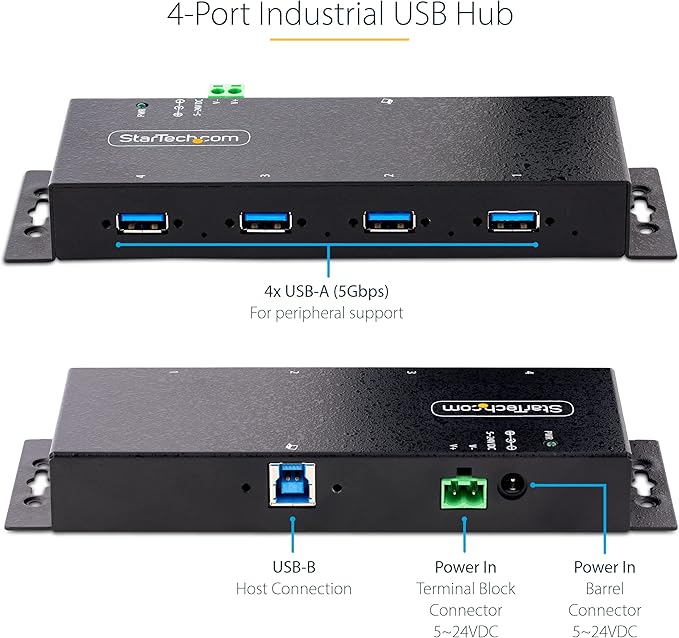 StarTech.com 4-Port Industrial USB 3.0 5Gbps Hub, Rugged USB Hub with ESD Protection, DIN/Wall/Desk Mountable USB-A Hub, USB Expander w/Locking Ports, Heavy Duty - TAA