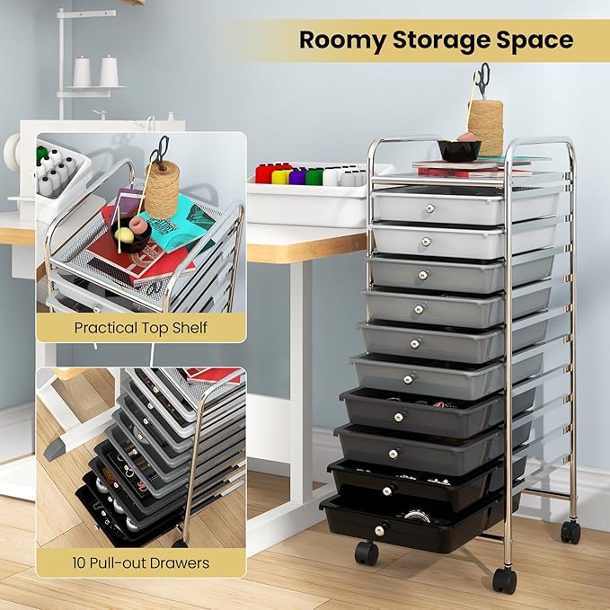 COSTWAY 10-Drawer Rolling Storage Cart, Utility Mobile Trolley with Removable Drawers & Universal Casters & 2 Brakes, Versatile Flexible Drawer Organizer Cart for Home, Office, Mixed Black