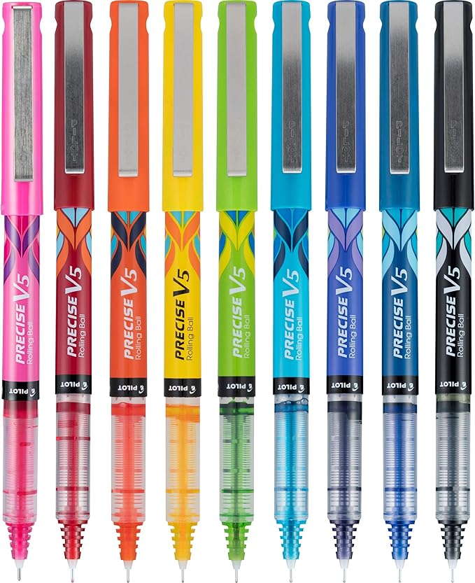 Pilot Precise V5 Capped Liquid Ink Rollerball Pens, Deco Collection, Extra Fine Point Ink Pens 0.5 mm, Colored Pens, Assorted Colors, Pack of 9 - Ideal for School, Journaling, & Office Writing