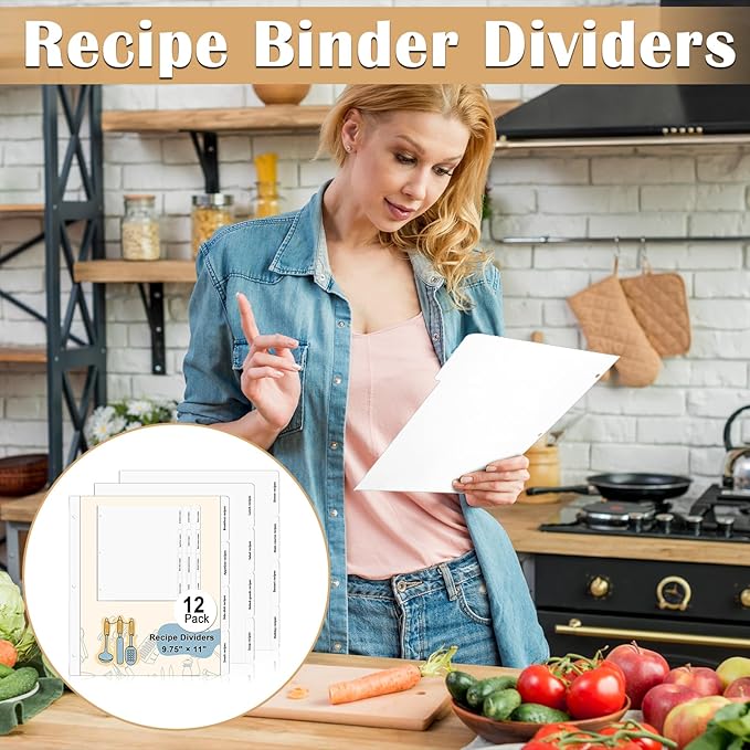 Recipe Dividers for 3 Ring Binder with 4 Tabs 9 3/4”×11” Recipe Binder Dividers Recipe Organizer Personalized Family Recipe Binder Recipe Book to Write in Your Own Recipes for Kitchen (12)