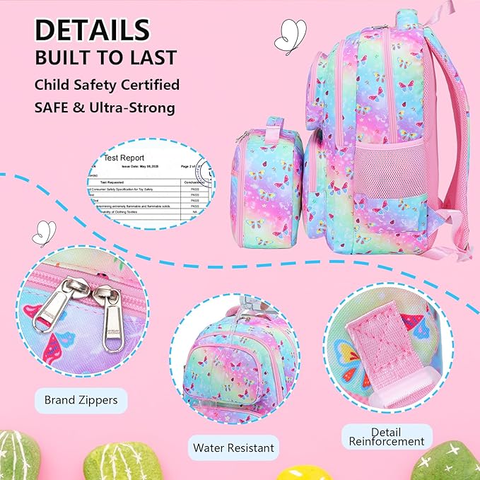 Girls Backpack with Lunch Box Glow in Dark Butterfly Bookbag Teens Ages 4-12 Kindergarten Elementary Middle School Butterfly Backpack, Luminous Butterfly Rainbow