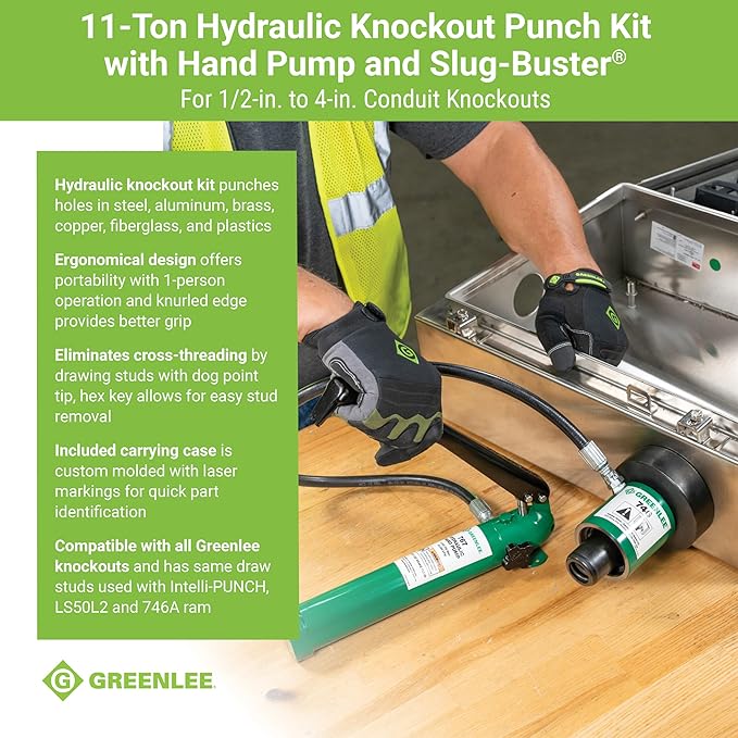 Greenlee 7310SB 11-Ton Hydraulic Knockout Punch Kit with Hand Pump, Ram, 1/2" to 4" Slug-Buster Punches, Dies, and Hydraulic Draw Studs, Electrical Conduit Hole Cutter Kit