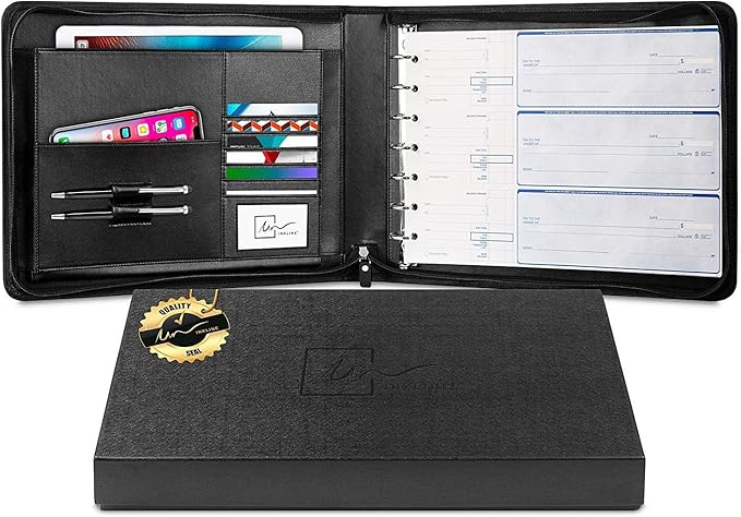 Inkline 7 Ring Check Binder Portfolio -Professional PU Leather Binder with Zippered Closure -500 Check Capacity -9x13 Inch Sheets -Document & Card Organizer -Large Tablet Pocket - Brown (80006)