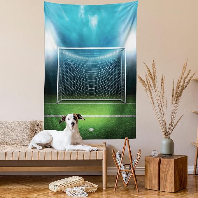 Ambesonne Soccer Tapestry, Soccer Goal Post Sports Area Winner Loser Line Floodlit Best Team Finals Game Theme, Wall Hanging for Bedroom Living Room Dorm Decor, 60" X 80", Green and Blue