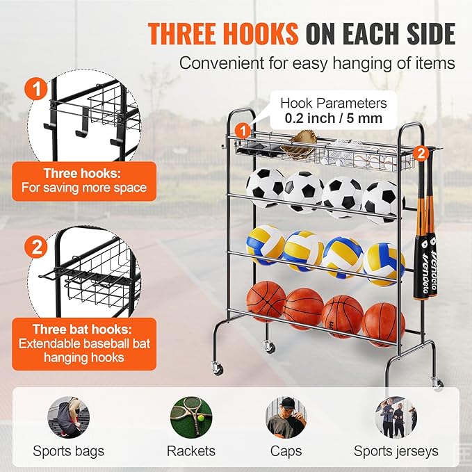 VEVOR Rolling Sports Ball Storage Cart, Lockable Basketball Cage with Double Lids, Sport Equipment Holder Organizer for Indoor Outdoor, Steel Storage Rack for Garages, Playgroup, Gym and Schools