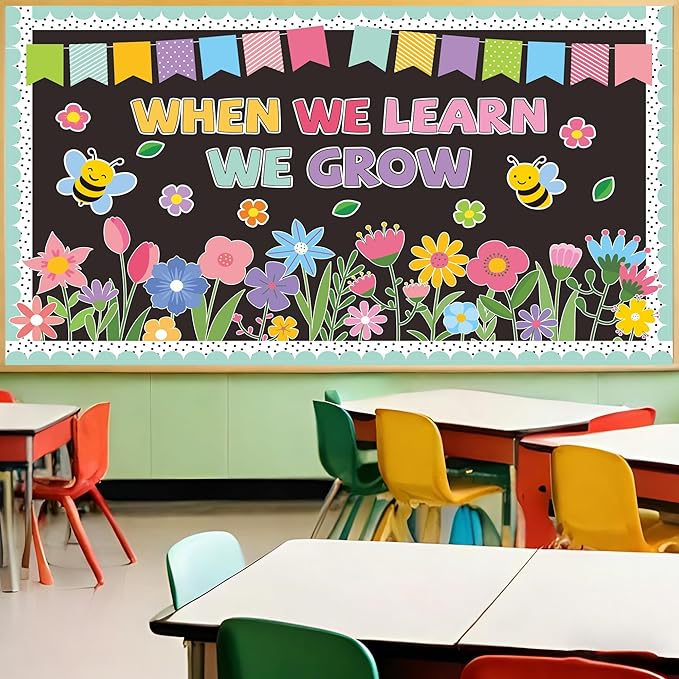 Spring Bulletin Board Set Spring Classroom Decorations When We Learn We Grow Inspirational Bulletin Board Flower Cutouts Wall Decor for School Office Chalkboard Window Door Decor Supplies