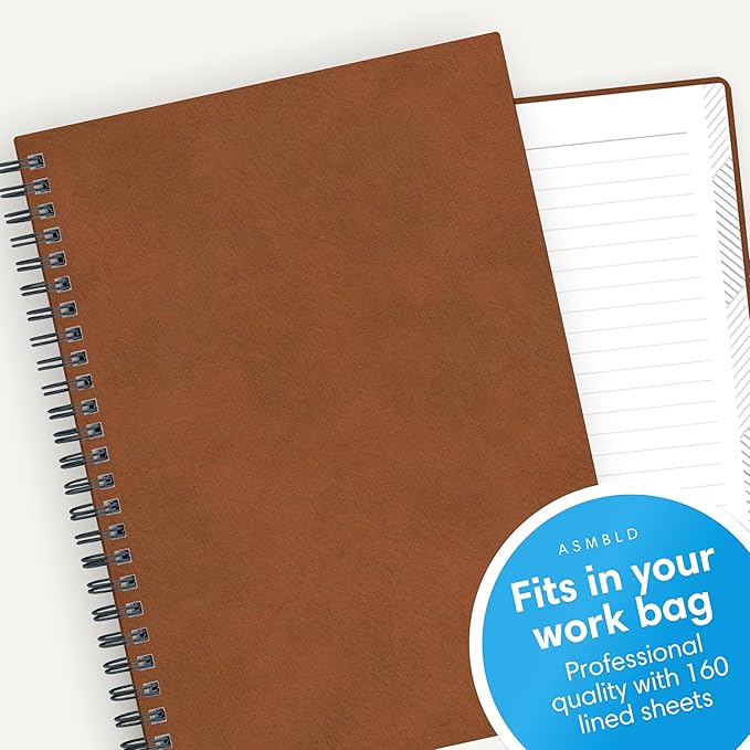 Blue Sky ASMBLD Undated Notebook, 160 Pages, 5.75" x 8.5", Safety Wirebound, Tan Faux Leather Cover, Lined Pages, Durable, Perfect for Office, Home, School, Journals