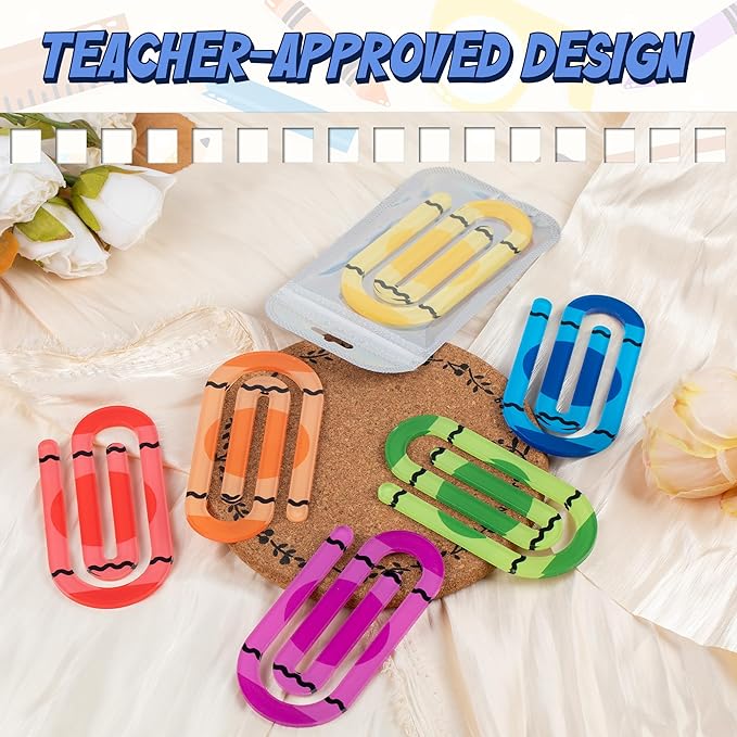 48 Pack Jumbo Acrylic Paper Clips, 4" X 2" 24Pcs Teacher Paper Clips with 24Pcs Gift Bags Personalized Paperclips Bookmark for Home Office Back to School Supplies (Crayon)