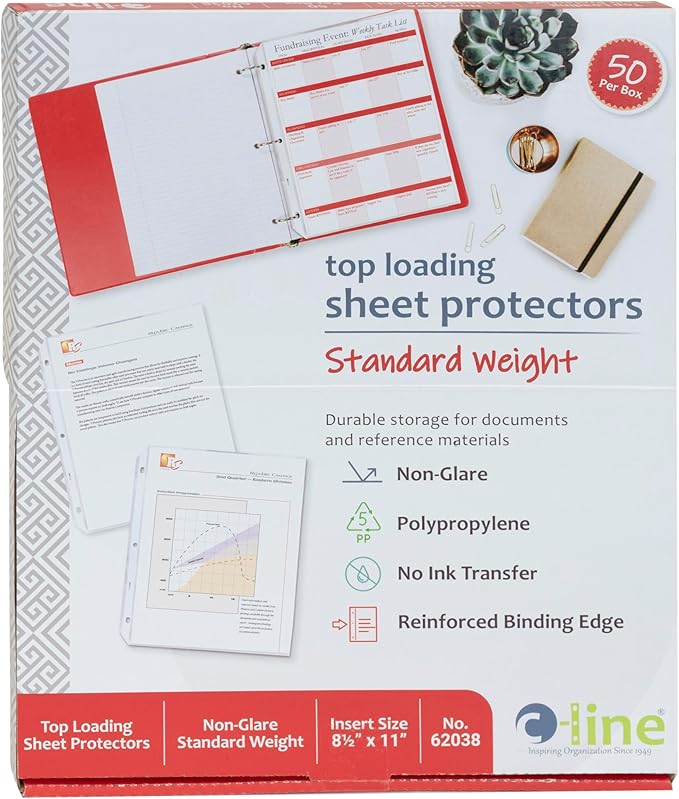 C-Line Top Loading Standard Weight Poly Sheet Protectors, Non-Glare, 8.5 x 11 Inches, 50 per Box (62038)