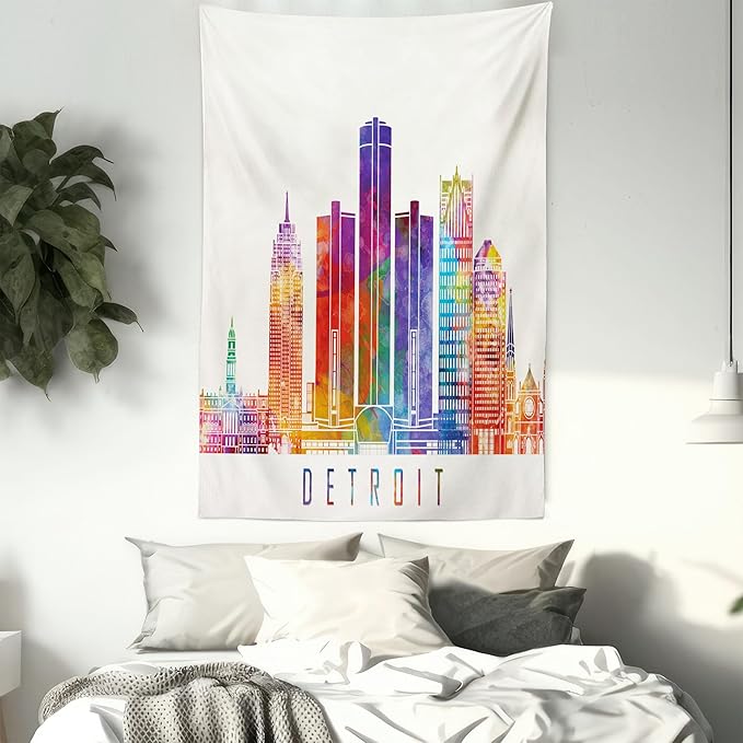 Ambesonne Detroit Tapestry Queen Size, Vibrant Colored Abstract Skyscrapers Modern Architecture Watercolor Style Landmarks, Wall Hanging Bedspread Bed Cover Wall Decor, 88" X 88", Ivory