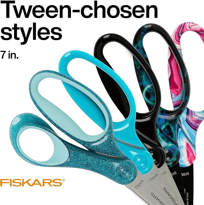 Fiskars 7" SoftGrip Student Glitter Scissors for Kids 12+ - Scissors for School or Crafting - Back to School Supplies - Turquoise Glitter (Pack of 1)