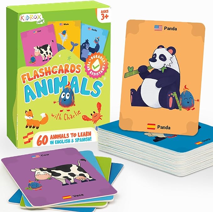 Kidrox Animals Flash Cards, English Learning Cards with Spanish Translations Included, Indestructible Double-Sided, 30 Cards