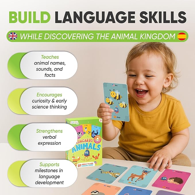 Kidrox Animals Flash Cards, English Learning Cards with Spanish Translations Included, Indestructible Double-Sided, 30 Cards