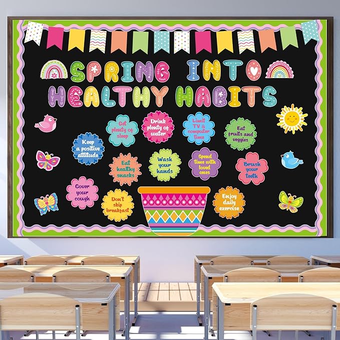 Honoson 74 Pcs Spring Bulletin Board Decorations Set Spring into Healthy Habits Paper Cutouts Colorful Flower Butterfly Birds Sunshine Bulletin Decor for School Classroom Wall Chalkboard Supplies