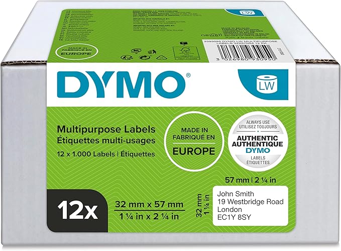 DYMO Authentic LabelWriter Multi-Purpose Labels | 32mm x 57mm | 12 Rolls of 1,000 Easy-Peel Labels (12,000 Count) | Self-Adhesive | for LabelWriter Label Makers