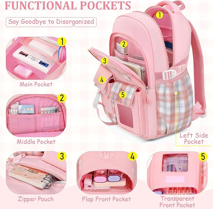 School Backpack for Girls - 5PCS Girls Backpack with Lunch Box Set for Elementary, Middle and High School Students - 18" Large Capacity School Bookbag with Multiple Pockets