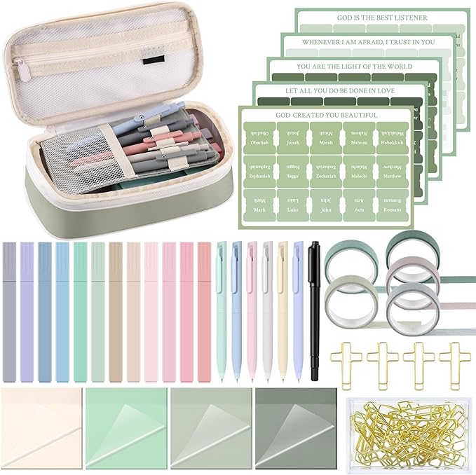 137 Pcs Bible Study Supplies Journaling Kit 1 Pencil Case 12 Highlighters 4 Sticky Notes 6 Gel Pens 35 Paper Clips 3 Tapes 1 Markers 75 Tabs for Christmas Bible School Gifts(Sage Green)
