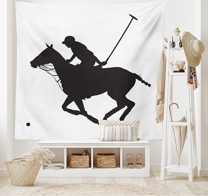 Ambesonne Sports Tapestry, Silhouette Illustration of Polo Player on a Horse Hitting a Ball Print, Fabric Wall Hanging Decor for Bedroom Living Room Dorm, 28" X 23", Charcoal Grey
