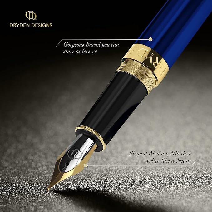 Dryden Designs Fountain Pen. Medium Nib Premium Box | 6 Ink Cartridges Included (Mysterious Blue)