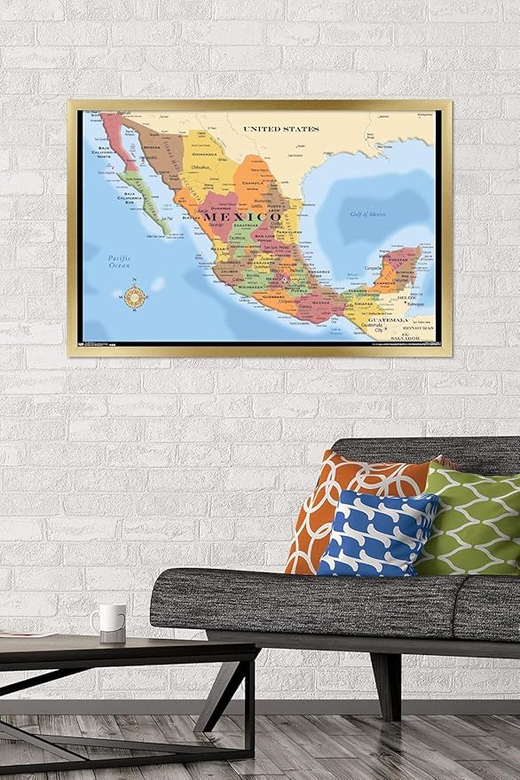 Trends International Map - Mexico Wall Poster, 22.375" x 34", Gold Framed Version
