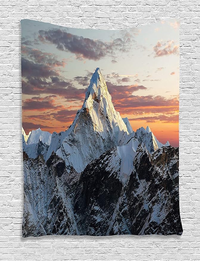Ambesonne Mountain Tapestry, Evening South High Hill Above The Sky Colorful Nepal Everest Photo, Wall Hanging for Bedroom Living Room Dorm Decor, 60" X 80", Bluegrey Salmon