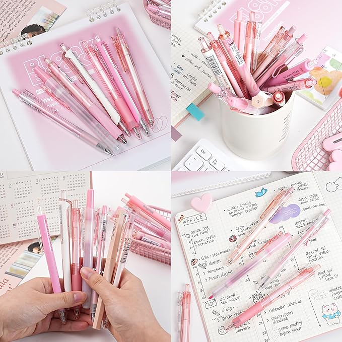 Nicpro 13 Pack Pink Gel Pens Set, Fine Tip Black Ink Pen with 1 Highlighter, Cute Pen for Journaling, Back to School Office Supplies for Teacher Student Gift, Pink Desk Accessories for Girl Stationery