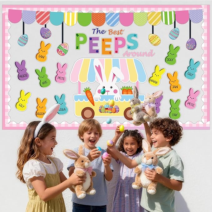 Easter Bulletin Board Decorations, 76pcs Spring Easter Classroom Decorations Set, Easter Eggs Bunny Cutouts Easter Bulletin Board, Peeps Decorations School Classroom Home Office Spring Easter Decor