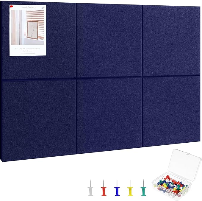 Large Cork Board 36" x 24", 6 Pack Felt Bulletin Board with 30 Pushpins, Cork Boards Alternative with Self-Adhesive Strips, Felt Wall Tiles Pin Boards for Walls Office Home School Decor-Dark Blue