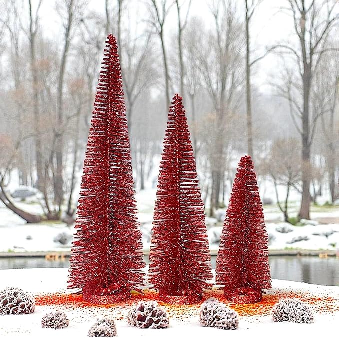RAZ Imports Set of 3 Bottle Brush Trees – 17”, 14”, 9” Modern Christmas Holiday Winter Décor – Glittery Tabletop Mini Trees for Home Office Shelf Desk Mantel Fireplace Decoration (Red Glittered)