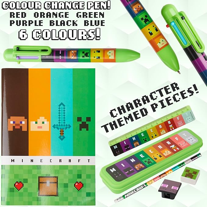 Minecraft Filled Pencil Case and Stationery Set for Kids, School Supplies - Gifts for Boys (Green/Multi)