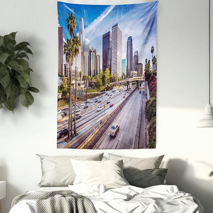 Ambesonne Travel Tapestry Twin Size, Downtown Cityscape of Los Angeles California USA Avenue Buildings Palms Print, Wall Hanging Bedspread Bed Cover Wall Decor, 68" X 88", Blue Grey Green