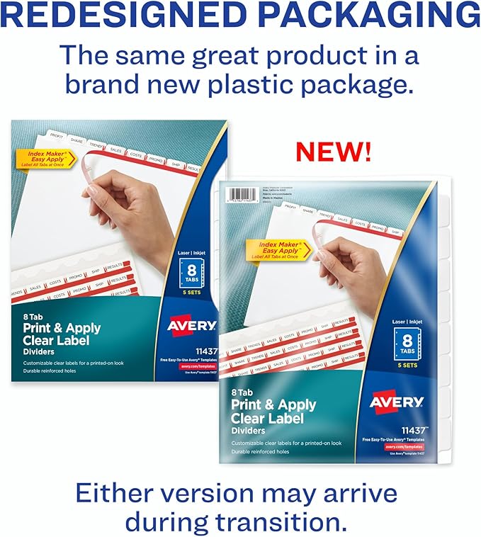 Avery 8 Tab Dividers for 3 Ring Binder, Easy Print & Apply Clear Label Strip, Index Maker Customizable White Tabs, 5 Sets (11437)