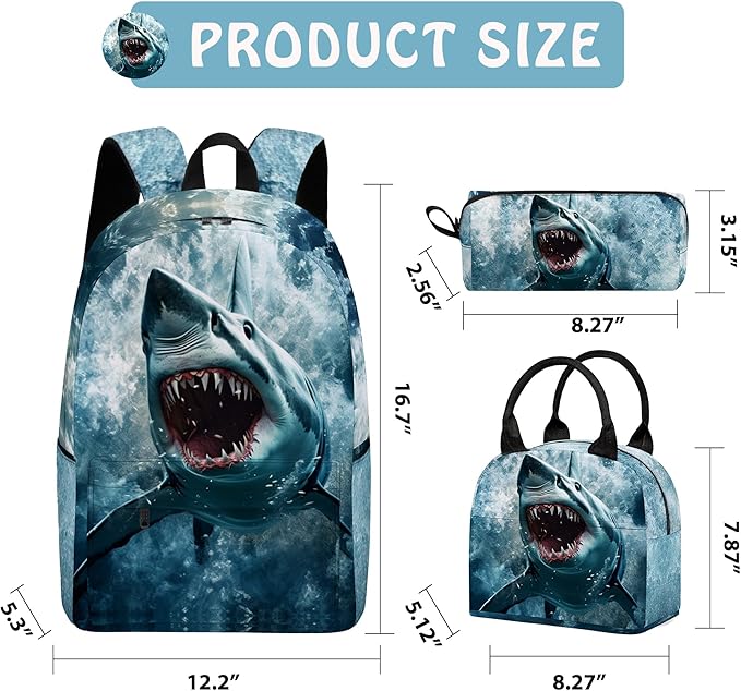 Shark 3PCS Backpack Set for Teens Elementary Middle High School, 17 Inch Lightweight Classic Bookpack 3 in 1 Set for Girls Boys, Kids Back to School Backpack with Lunch Box Pencil Case