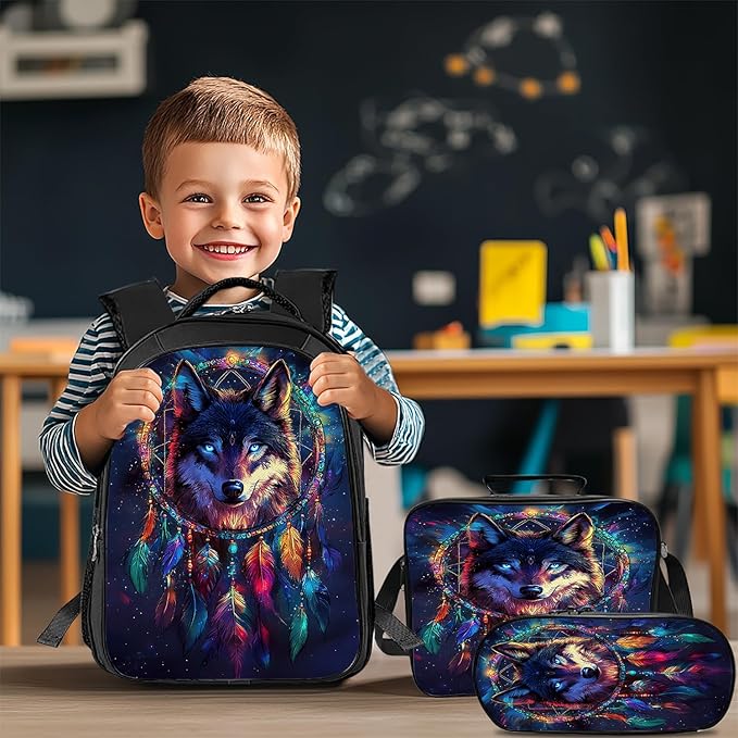 Wolf Backpack Set 3 Piece School Bags and Lunch Box with Pencil Case Blue Cool Wolf Dream Catcher Bookbag Set for Toddler Kids Girls Boys Teens Kindergarten Elementary Middle