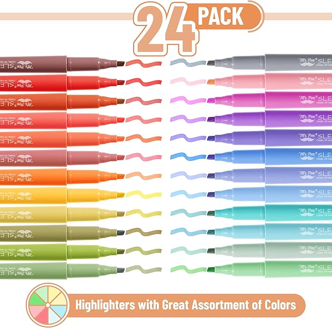 Mr. Pen- Pastel Highlighters, 24 Pack, Chisel Tip, Colorful, Cute Highlighters Assorted Colors, Quick Drying, Smear Resistant