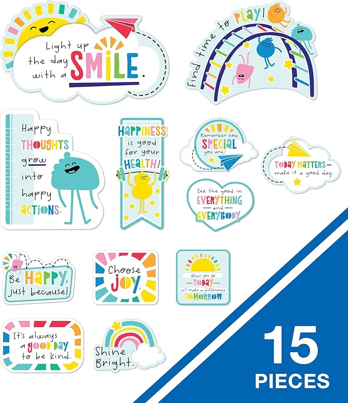 Carson Dellosa Happy Place 15 pc Bundle Motivational Bulletin Board Set, Rainbow Decorations and Motivational Posters With Positive Affirmations, Homeschool and Classroom Decor