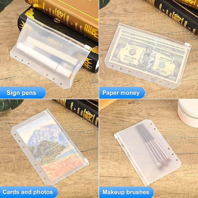 30pcs A5 Binder Pockets 6 Holes Zipper Folders Clear PVC Card Loose Leaf Bags Cash Envelopes for Budgeting Binder Waterproof Document Filing Bags for 6 Ring Notebook Planner Inserts