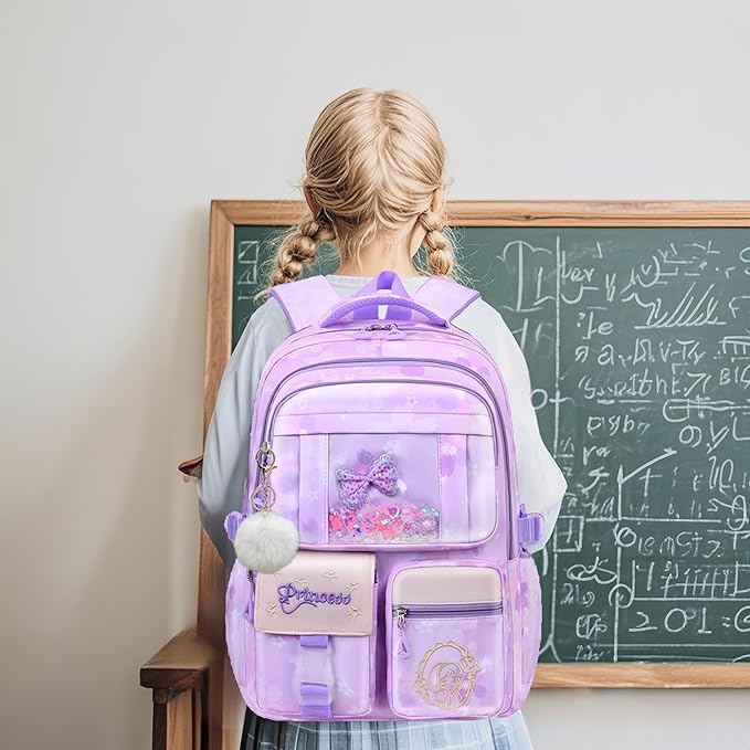 Kids Backpack School Bags for Girls, Cute Princess Backpack Multi-pocket Elementary School Students Bookbag for Girls, Purple