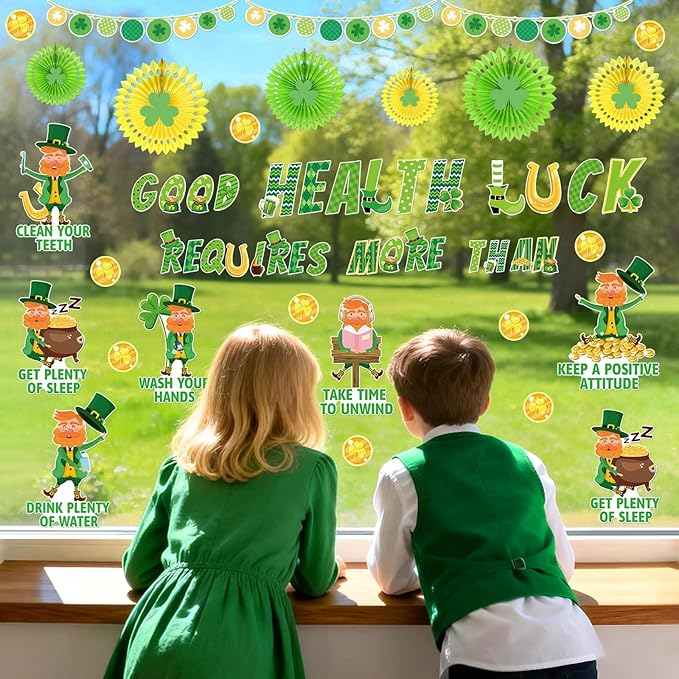 82 Pcs St Patrick's Day Bulletin Board Healthy Habits Decorations Good Health Requires More Than Luck Shamrock Gold Coin March Bulletin Board Set Clover Cutouts for Classroom School Decor