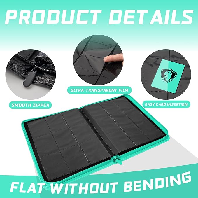 9 Pocket Card Binder, Premium Zip Trading Card Binder, 360 Double Sided Pocket PU Collection Binder, Collector Album, Card Folder for MTG, TCG, Sports Cards, (Cyan)