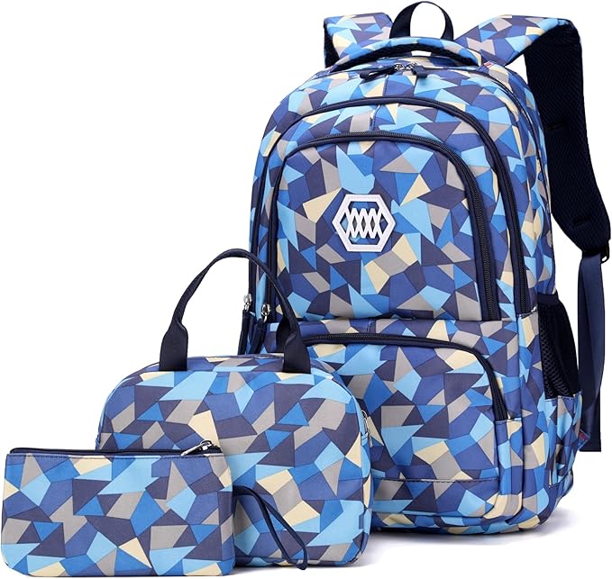3Pcs Geometric Print Boys Backpack and Lunchbox Set for School Kids, Capacity School Backpack for Boys Elementary School