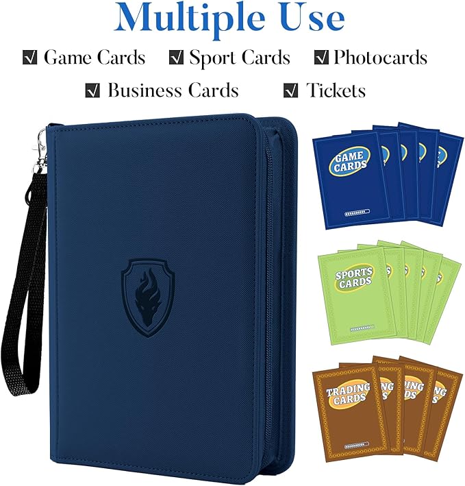 Premium 4 Pocket Zip Card Binder, Trading Card Binder for 320 Cards, Portable PU Card Collection Binder, Collector Card Album Folder for Game & Sports Cards, Navy Blue
