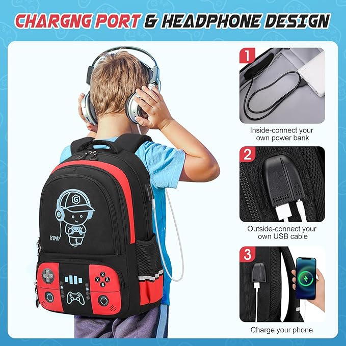 Bevalsa Backpack for School Boys, Cool Luminous Gamer Boys Backpack with Lunch Box & Pencil Pouch Set for Kids Children Teens Elementary Middle Schools, Schoolbag Bookbag Glow In The Dark (Red)