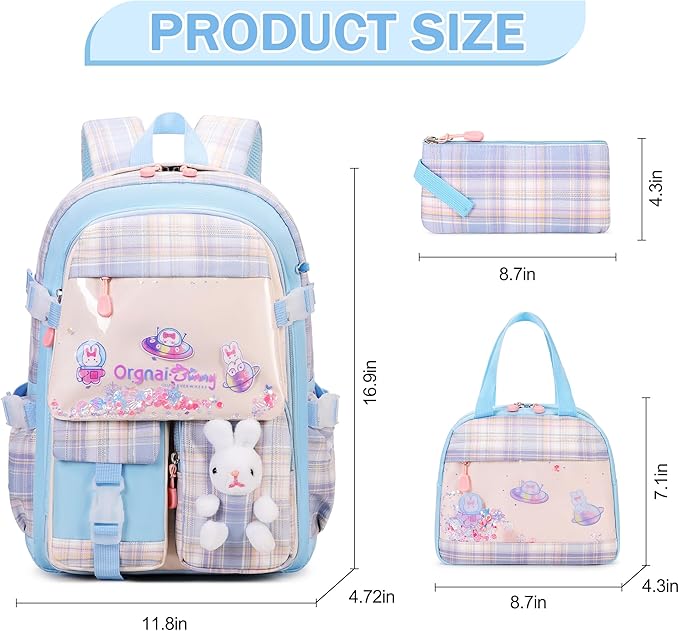 Girls Backpack Set, 3PCS Kids Backpacks for Girl, Kawaii Bunny School Backpack for Girls Kindergarten Elementary Preschool Middle School Bags with Lunch Box Pencil Case Blue-Plaid