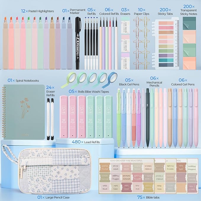 76PCS Bible Study Supplies Kit for Women, Journaling Set with No Bleed Highlighters, Laminated Bible Tabs,Notebook, Quilted Pencil Case, Bible Accessories Set Beginner Christian Gifts