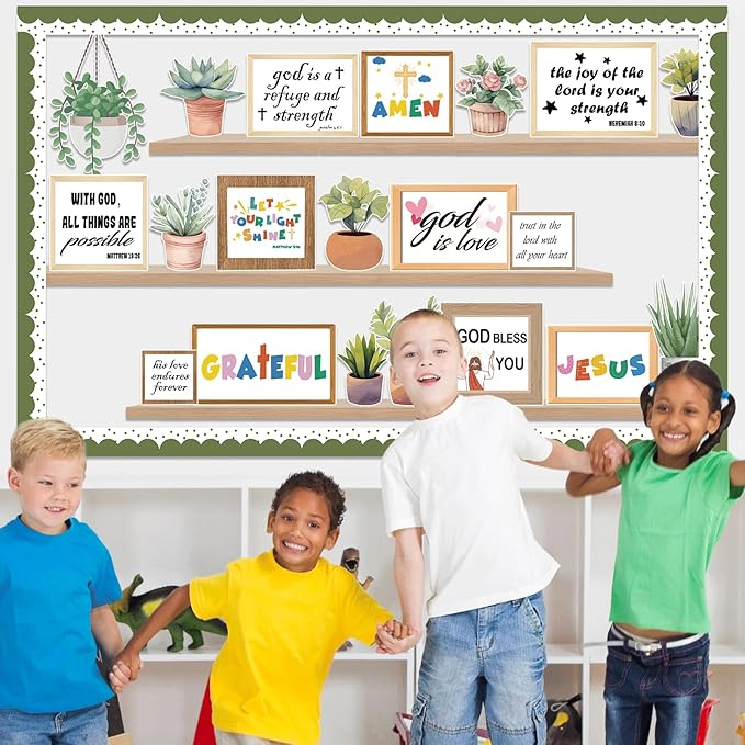 Christian Plant Inspirational Bulletin Board Set Spring Jesus Bible Verse Bulletin Board Sunday Back to School Potted Motivational Cutouts Greenery Religious for Classroom Chalkboard Wall Door Decor