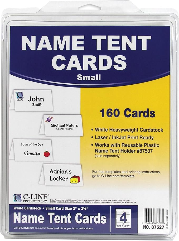 C-Line Small Name Tent Cards, White, Scored, 2 x 3.5-Inches Folded, 160-Count (87527)