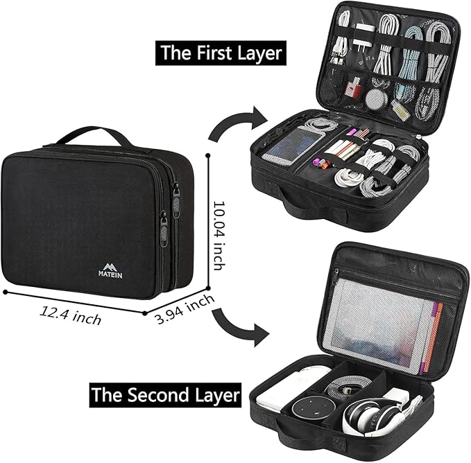 MATEIN Cable Organizer Bag, Large Travel Storage Bag Sturdy Tool Case with Handle for Phone Cord Electronics Accessories, Carrying Case for Tablet (Up to 12.9inch), Powerbank, Hard Drive, Black