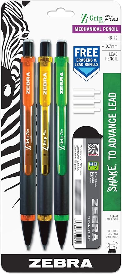 Zebra Pen Z-Grip Plus Mechanical Pencil, 0.7mm, with Lead and Erasers, Assorted Barrel Colors, Orange, Yellow, Green (55703) (Pack of 1, 3 Count Total)